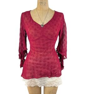 Vintage Whimsigoth Embroidered Blouse Sheer Bell Sleeve Fairycore Boho Size S